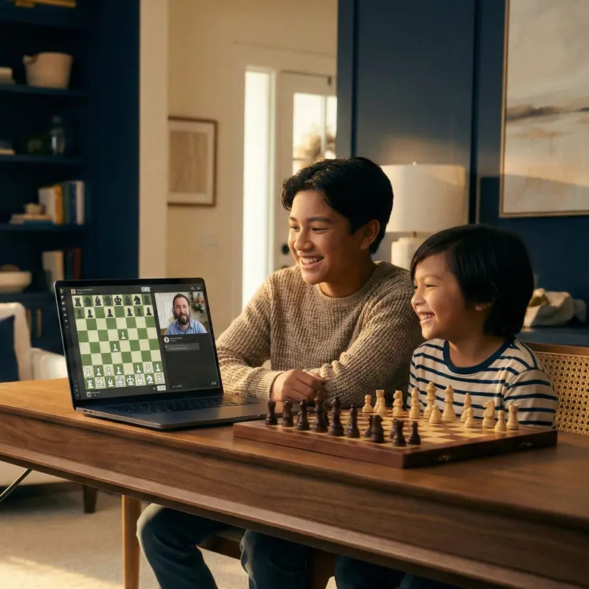 Pelajar sedang belajar catur online melalui Qi Chess Academy - kelas catur dalam Bahasa Melayu